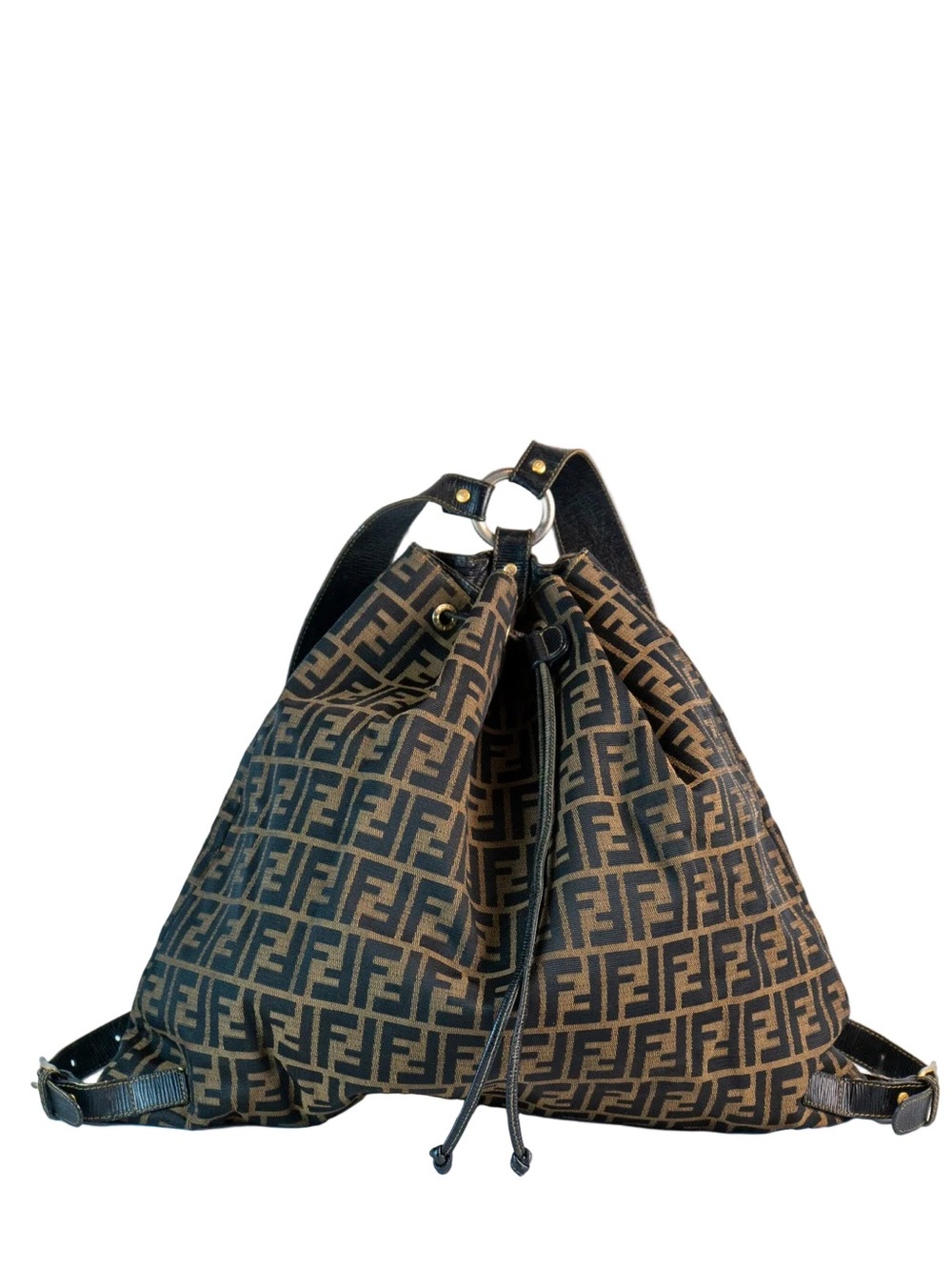 Fendi Zucca Canvas Drawstring Backpack in Brown and Black